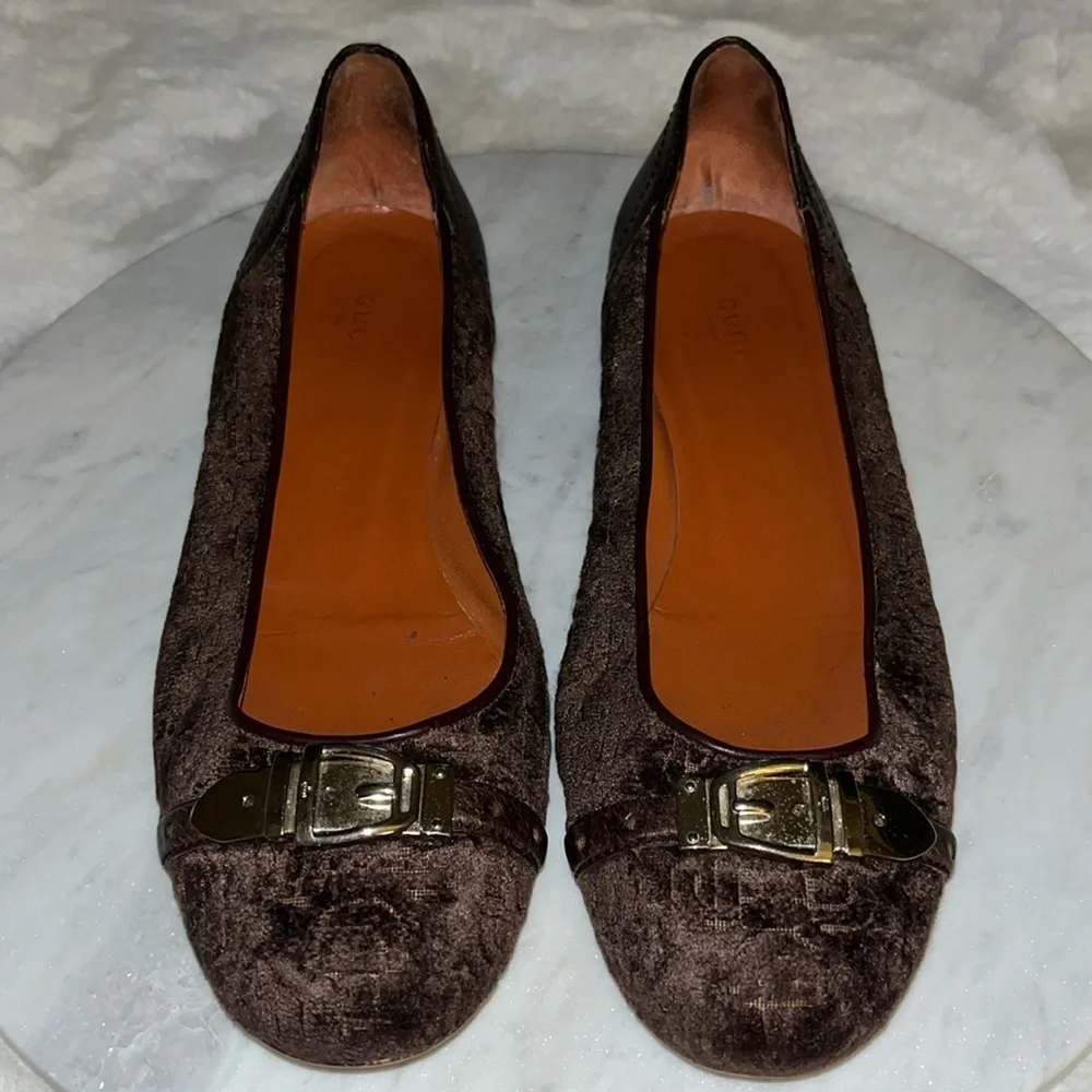 ❤️💚Authentic Gucci leather/Fabric Rich Velvet Gold Horsebit Ballet Flats❤️💚 - Picture 5 of 13